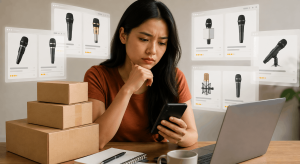 Babaeng nahihirapang pumili habang naghahambing ng maraming produkto online bago bumili.