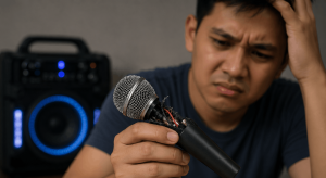 Lalaking sinusuri ang sirang karaoke microphone na may nakalantad na wiring habang may speaker sa likuran.