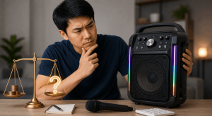 Lalaking sinusuri ang presyo at kalidad ng karaoke speaker at mikropono bago magdesisyong bumili.