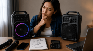 Babaeng naghahambing ng karaoke machines, microphones, features, at presyo upang piliin ang pinakamahusay na halaga.