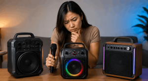 Babaeng naghahambing ng mga karaoke machine at mikropono upang malaman kung sulit ang presyo at kalidad.