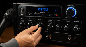 Kamay na nag-aadjust ng karaoke mixer controls para sa mic volume, echo, bass, treble, at music balance.