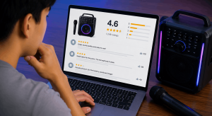 Lalaking sinusuri ang ratings at reviews ng karaoke machine sa laptop bago magdesisyong bumili.