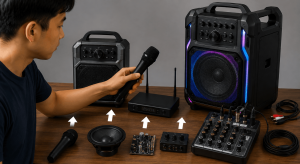 Lalaking nag-a-upgrade ng karaoke setup gamit ang mas magandang mikropono, speaker, mixer, at audio components.