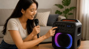Babaeng gumagamit ng simpleng karaoke machine na may malinaw na controls at mikropono sa bahay.