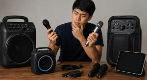 Lalaking naghahambing ng microphones at karaoke speakers bago pumili ng pinakaangkop na setup.