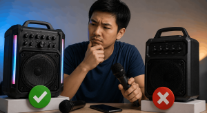 Lalaking naghahambing ng dalawang karaoke machine upang malaman kung sulit ang brand batay sa tunay na performance.