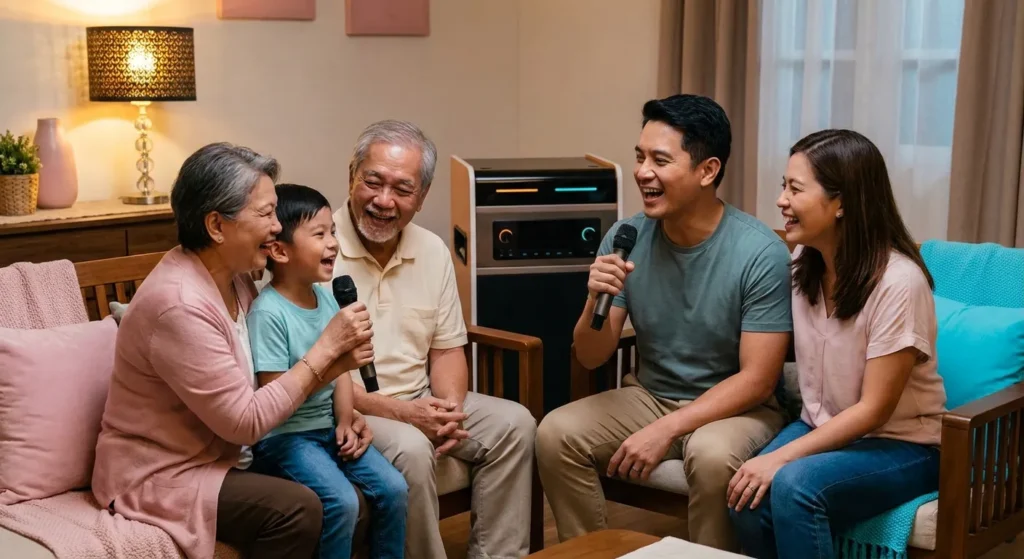 Happy Filipino family singing with a home karaoke machine, showcasing a magandang karaoke machine for family entertainment.